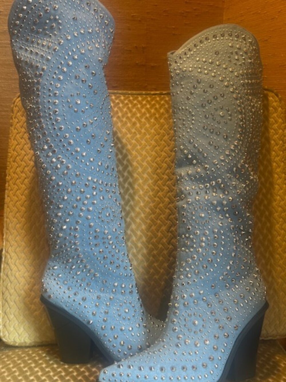 Azalea Wang Texas Studded Denim Pull On Cushioned Wedge Cut Heel Cowboy Boot NEW - Picture 13 of 16